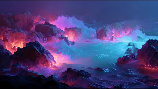 Surreal alien planet landscape with glowing lava rocks and cyan neon ocean waves, 3D loop