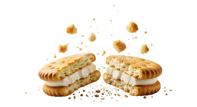 A broken ice cream sandwich with crumbs flying on transparent background