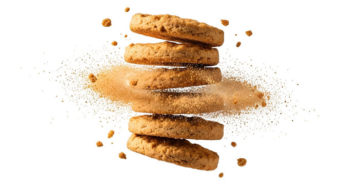 A stack of cookies floating in mid-air with crumbs and powder on transparent background