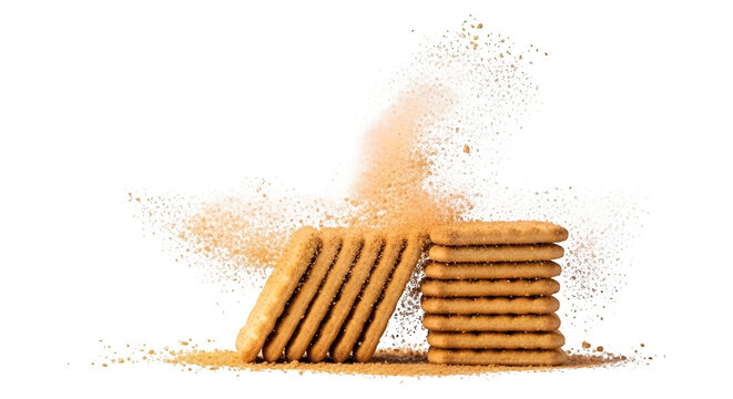 A stack of cookies with cinnamon powder exploding in the air on transparent background