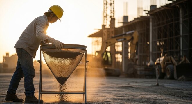 Construction worker sifts sand at sunset, highlighting diligence and manual labor on a busy industrial site