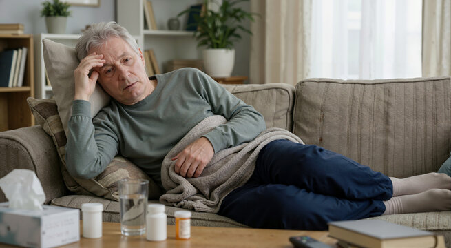 Exhausted elderly man resting on sofa with hand on forehead. Sick senior suffering from fatigue and medication side effects at home. Healthcare and illness recovery concept