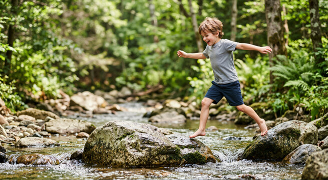 Happy young boy jumping across rocks in a forest stream. Barefoot child playing and exploring nature on a summer outdoor adventure