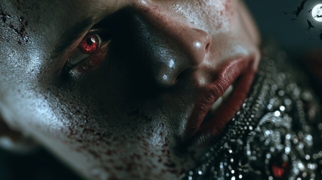 macro portrait of a vampire`s face with stunning red eyes, faint fangs, blood, intricate silver neckwear, full moon, multiple bats, intense