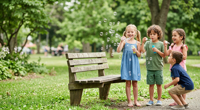 Group of children blowing bubbles in a park. Kids playing outdoors with bubble wands near a wooden bench