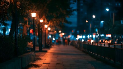 Obraz premium A long illuminated city road at night features vibrant streaks of light and deep shadows creating a moody and scenic urban atmosphere