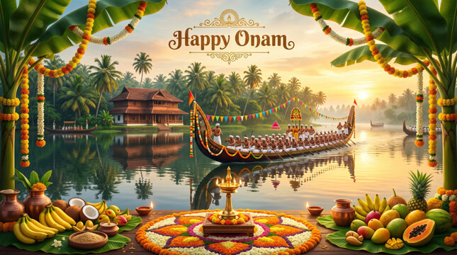 Scenic Onam backwater celebration with snake boat harvest offerings and festive Kerala traditions