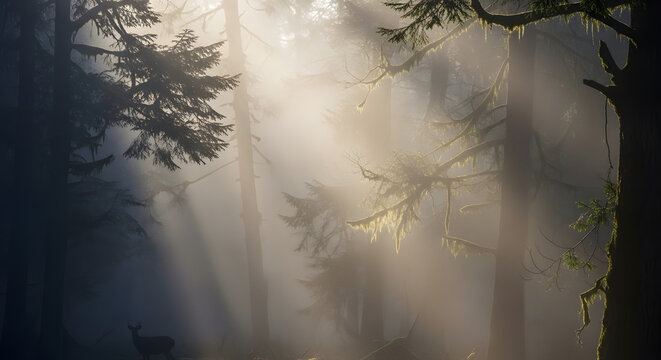 A lone deer stands in a misty forest as sunlight filters through the trees, creating dramatic rays of light.
