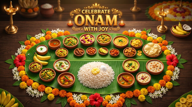 Traditional Onam sadhya feast on banana leaf with festive floral decor for harvest celebration