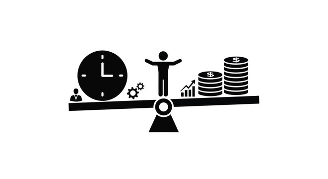 balance scale with time money icons clock