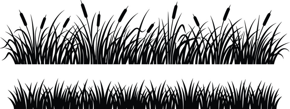 Black silhouette vector illustration of meadow grass and cattail reeds horizontal seamless border for nature landscape design