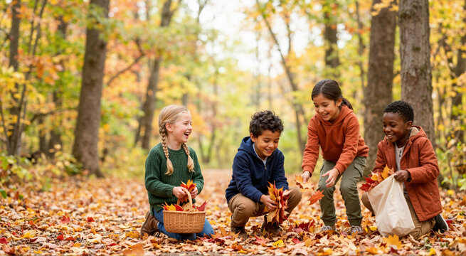 Diverse group of children collecting autumn leaves in a forest. Happy kids playing and laughing together in a park during fall season. Childhood friendship and outdoor fun concept