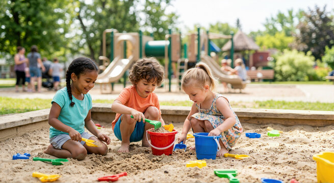 Three diverse children digging in a sandbox at a playground. Kids playing with buckets and shovels