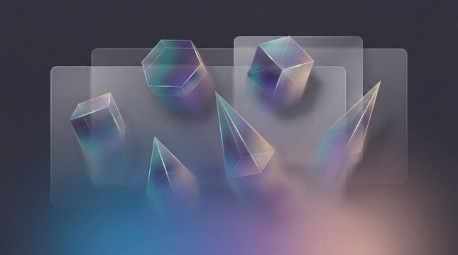 Translucent glass prisms and hexagonal shapes floating over frosted panels in soft gradient mist.