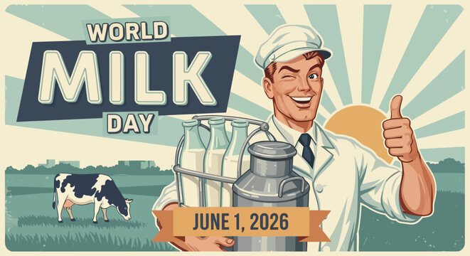 Retro vintage illustration of World Milk Day celebration