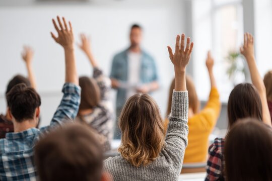 Group of Students Raise Their Hands in a Modern Classroom With a Teacher at the Front Giving Directions