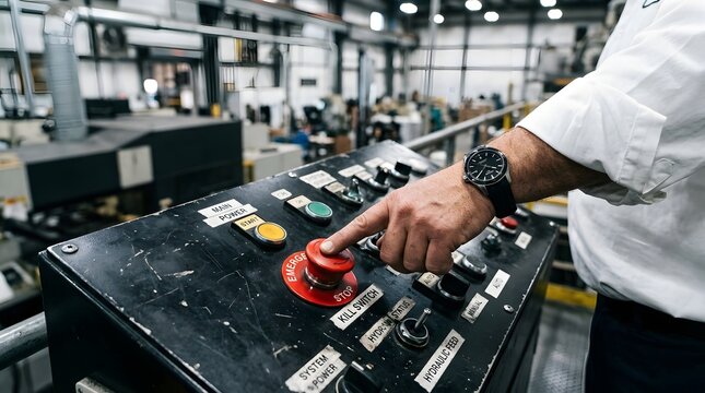Factory worker pressing the emergency stop button on industrial control panel.