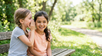 Fototapeta na wymiar Two young girls sitting on a park bench whispering a secret. Happy children laughing and sharing gossip outdoors. Childhood friendship and communication concept