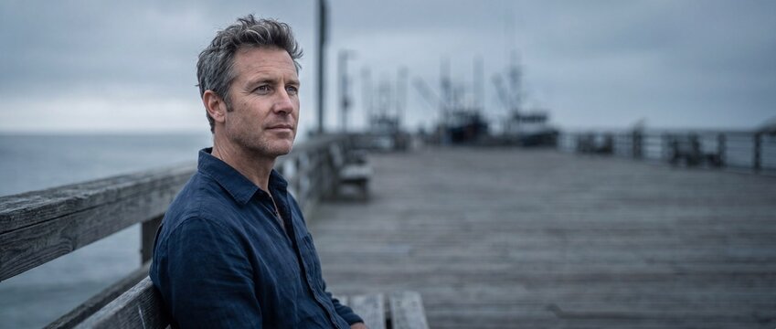 Mature man sitting on pier looking at ocean on cloudy day in thoughtful contemplation, middle aged handsome male with grey hair enjoying peaceful harbor view on a scenic wooden dock boardwalk scenery.