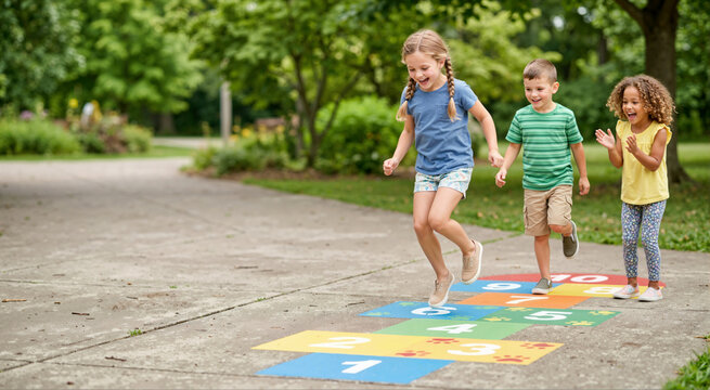 Children playing hopscotch on a concrete path in a park. Kids having fun with outdoor games