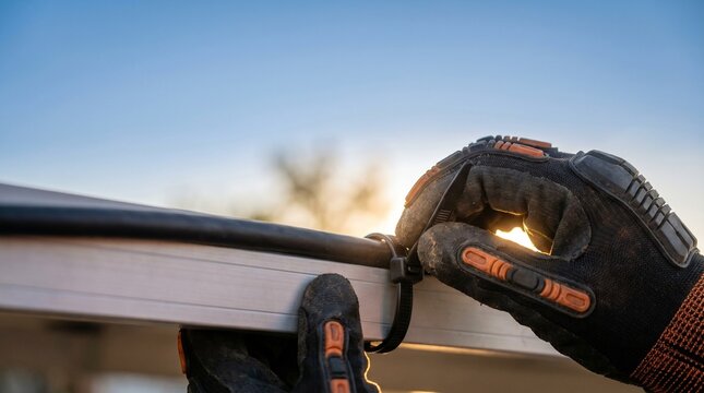 Technician hands in protective gloves securing cable with zip tie on solar panel frame, renewable energy installation