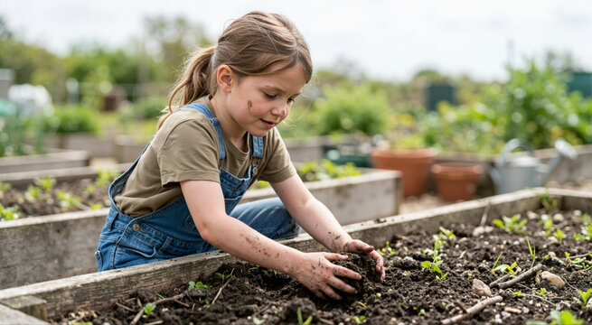 Young girl digging her hands into the soil in a raised garden bed. Messy child wearing overalls playing in the dirt. Outdoor gardening and nature learning concept