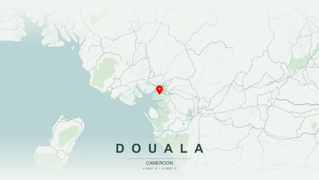 Modern minimalist vector map of Douala, Cameroon. High-quality scalable illustration of Douala city grid, Wouri River waterfront axis, Bonab&eacute;ri bridge infrastructure for posters and design.