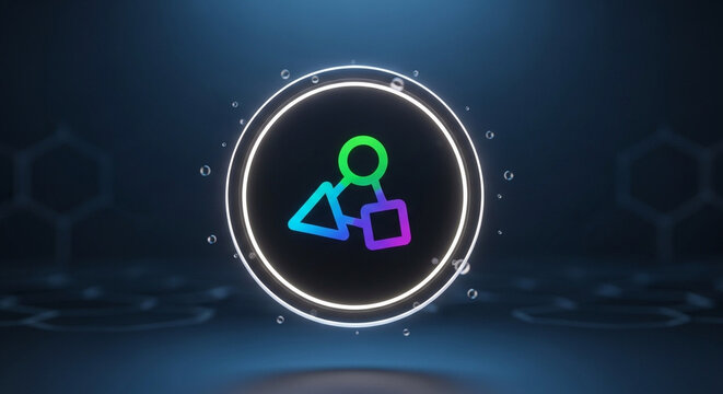 Abstract digital network flow chart with glowing neon outlines and geometric shapes on a dark futuristic hexagonal grid background with bokeh lights.