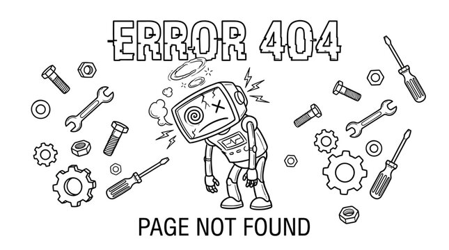 Error landing page : A broken robot malfunctions and falls apart with tools scattered around it on a screen displaying an error message.	