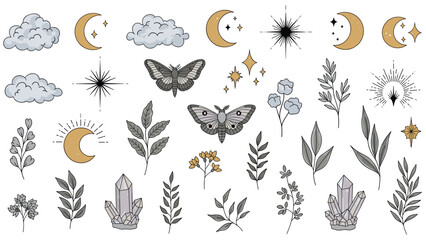 Obraz premium Collection of mystical celestial symbols featuring crescent moons, stars, moths, botanical elements, and healing crystals.
