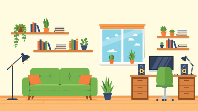 Comfortable living room and home office setup with a green sofa, computer desk, large window, and many indoor houseplants.