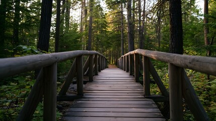 Obraz premium A wooden bridge stretches through a dense lush forest path offering a serene and tranquil natural landscape