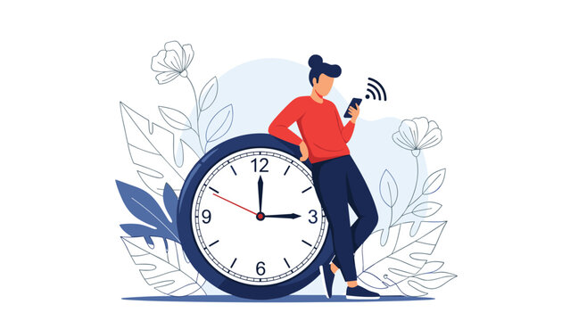 Young person leaning against a large analog clock while using a smartphone representing time management or being on time.