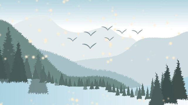 Minimal Winter Mountain Landscape Motion Graphics Background with Flying Birds