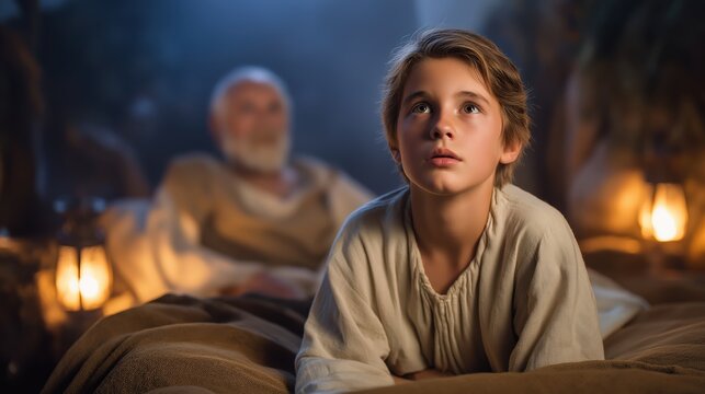 A nighttime sanctuary scene of young samuel responding to a divine call beside eli under soft oil lamp light and deep sacred shadows.
