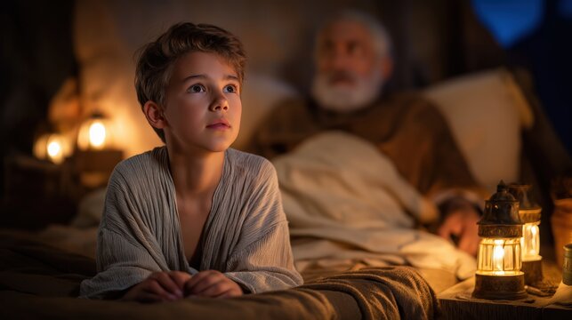 A nighttime sanctuary scene of young samuel responding to a divine call beside eli under soft oil lamp light and deep sacred shadows.