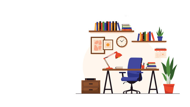 Modern home office workspace featuring a wooden desk with a blue swivel chair, shelves filled with books, and lush green indoor plants.
