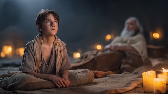 A nighttime sanctuary scene of young samuel responding to a divine call beside eli under soft oil lamp light and deep sacred shadows.