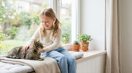 Young blonde girl petting a tabby cat by a window. Smiling child sitting on a window seat with her domestic pet and potted plants