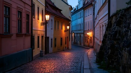 Fototapeta premium A historic narrow cobblestone street in an old European town is illuminated by warm atmospheric light