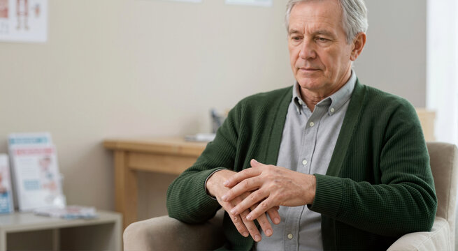 Older man looking at resting hands experiencing visible tremor. Senior patient with Parkinson disease showing loss of motor control and coordination. Neurological disorder concept