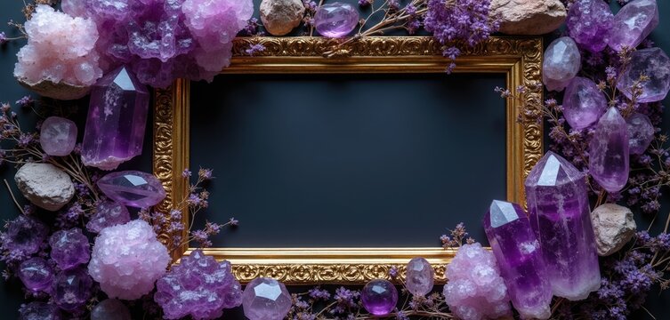 Ornate gold frame adorned with amethyst crystals and dried lavender. Empty dark space for text or image. Luxurious nature decor composition, vintage style.