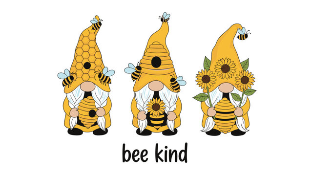 Three cute gnomes dressed in bee costumes holding honeycombs and sunflowers with the inspirational text bee kind below them.