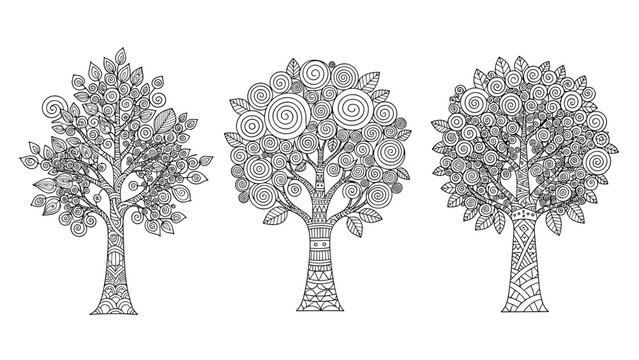 Intricate black and white line art illustration of three decorative trees with detailed patterns and spiral leaf designs.