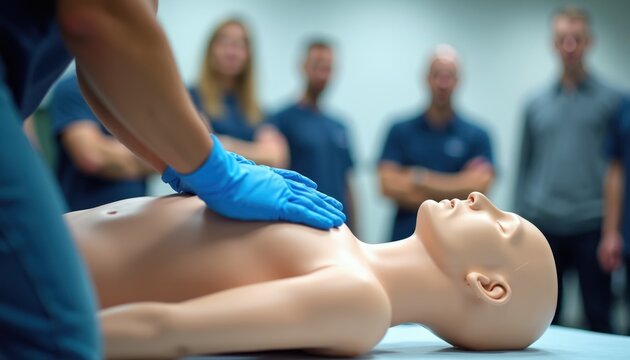 CPR training session with dummy for medical education. Instructor guides students in life saving techniques. Learn emergency response skills for saving lives.