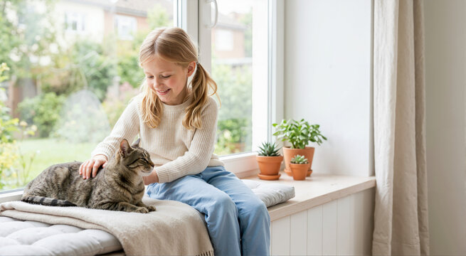 Young blonde girl petting a tabby cat by a window. Smiling child sitting on a window seat with her domestic pet and potted plants