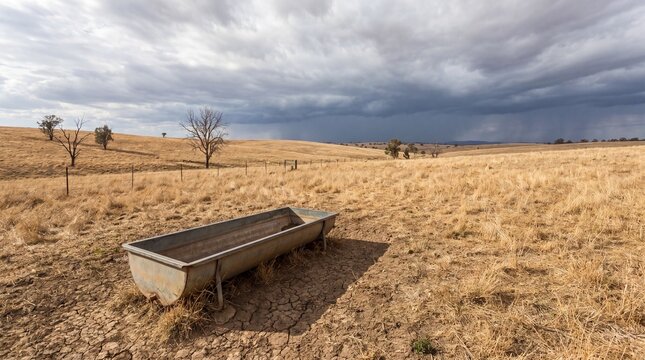Empty dry livestock pasture, Super El Nino drought agriculture, Rural water shortage, Climate change farm landscape, Rain clouds