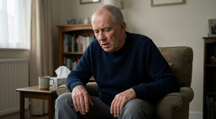 Fototapeta premium Exhausted senior man resting in an armchair at home. Chronic illness and fatigue concept