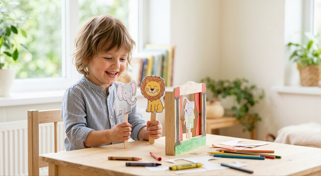 Laughing young boy playing with handmade animal paper puppets. Child putting on a show with a small wooden theater and crayons on a table. Childhood creativity and storytelling concept