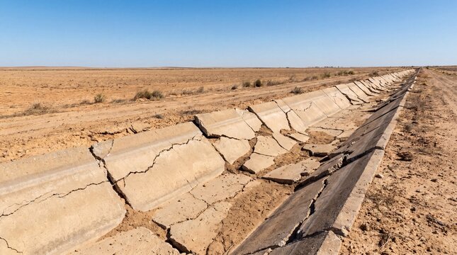 Dry irrigation canal crack, Super El Nino drought infrastructure, Agricultural water shortage, Climate adaptation concept, Clean perspective